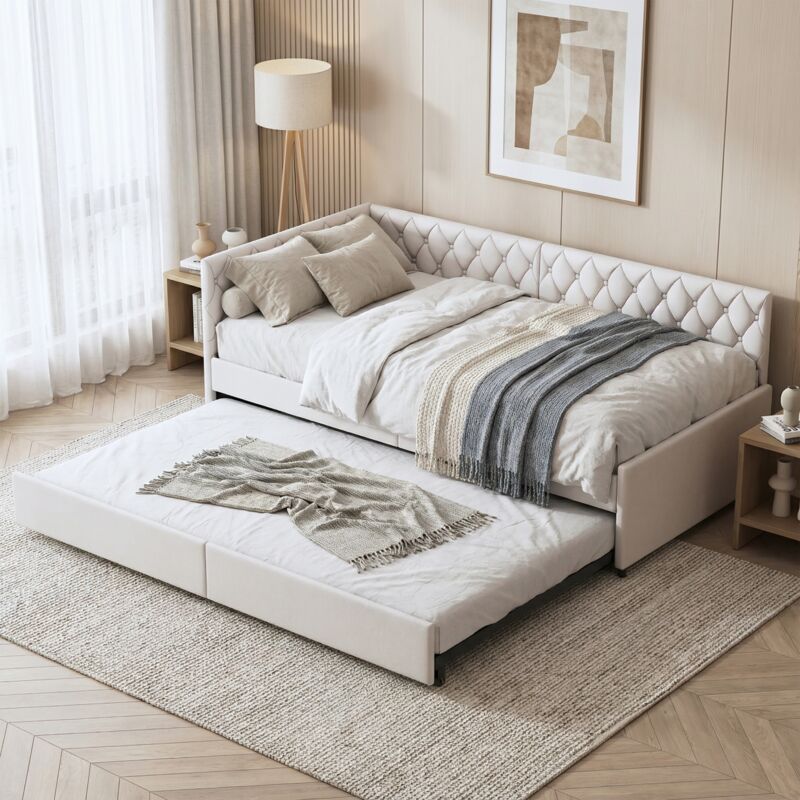 Canapé lit gigogne 90x200 extensible, lit capitonné, pour chambre ado & ami, velours, sommier à lattes en bois, style moderne scandinave(90x200cm,