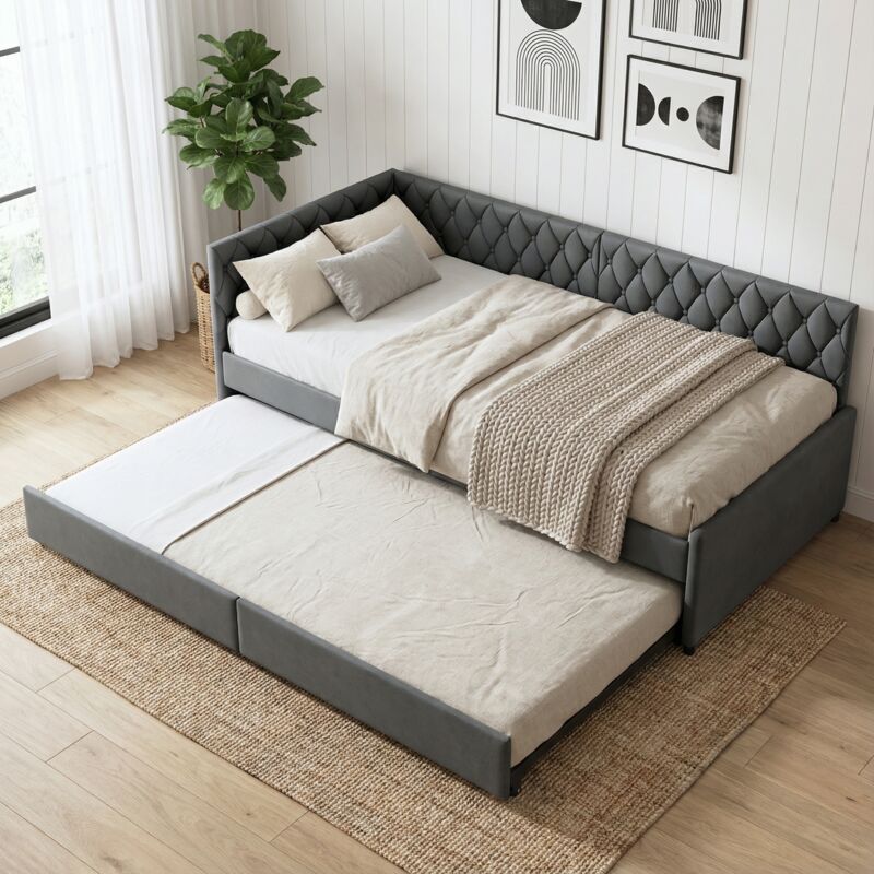 Canapé lit gigogne 90x200 extensible, lit capitonné, pour chambre ado & ami, velours, sommier à lattes en bois, style moderne scandinave(90x200cm,