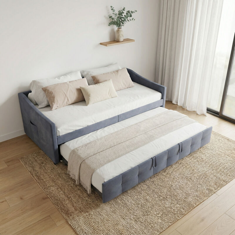 Canapé lit gigogne 90x200(x2) extensible, lit capitonné, poches latérales de rangement, sommier à lattes en bois, pour enfant, adulte, velours, style