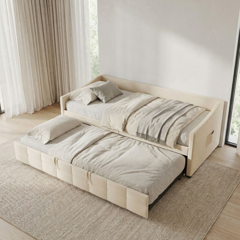 Canapé lit gigogne 90x200(x2) extensible, lit capitonné, poches latérales de rangement, sommier à lattes en bois, pour enfant, adulte, velours, style