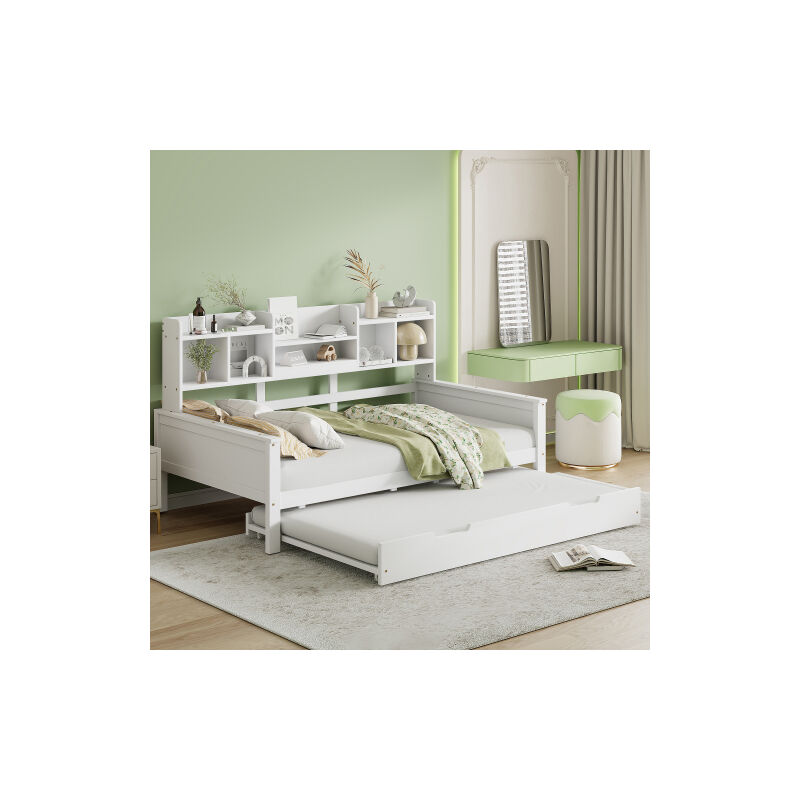 Okwish - Canapé-lit gigogne 90x200/190 cm lit adulte avec compartiment de rangement et sommier à lattes, en pin, blanc