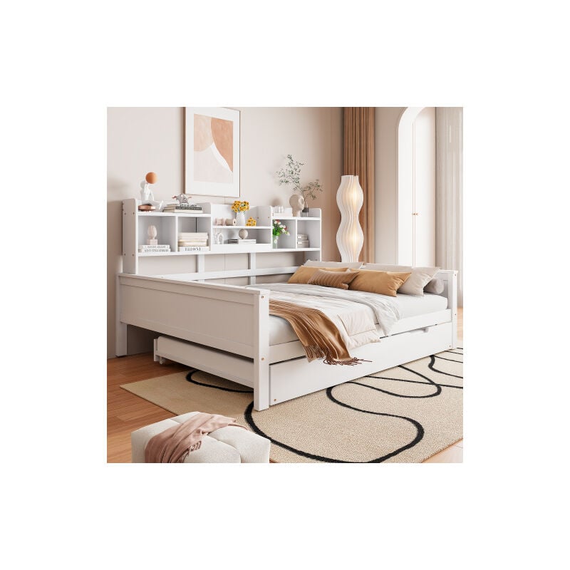 Okwish - Canapé-lit gigogne 140x200/90x190 cm lit adulte avec compartiment de rangement et sommier à lattes, en pin, blanc