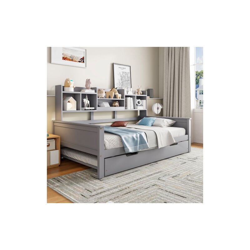 Okwish - Canapé-lit gigogne 90x200/190 cm lit adulte avec compartiment de rangement et sommier à lattes, en pin, gris
