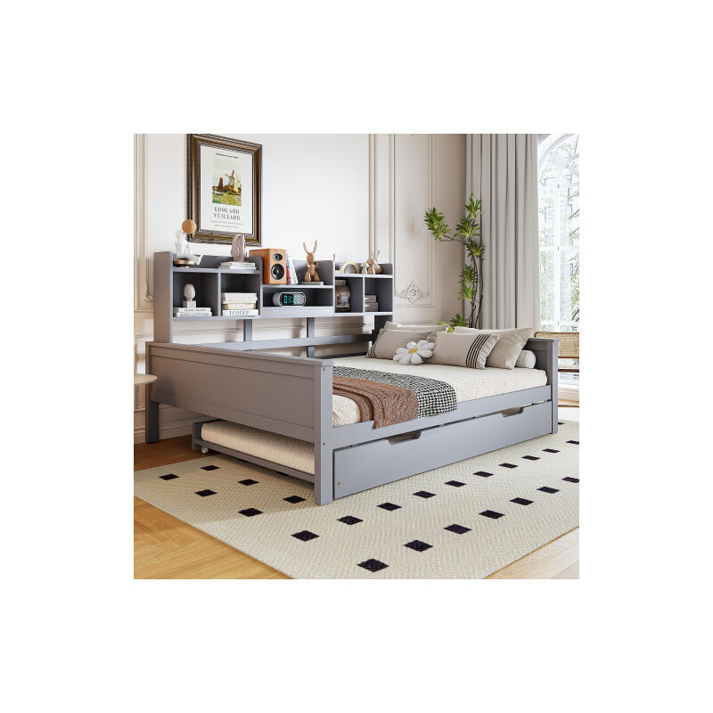 Okwish - Canapé-lit gigogne 140x200/90x190 cm lit adulte avec compartiment de rangement et sommier à lattes, en pin, gris