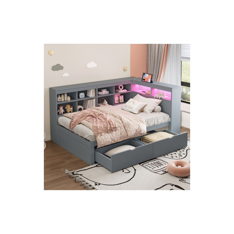 Okwish - Canapé-lit 90 x 200 cm, lit simple adulte avec usb, led, étagères et compartiments de rangement, en bois, gris
