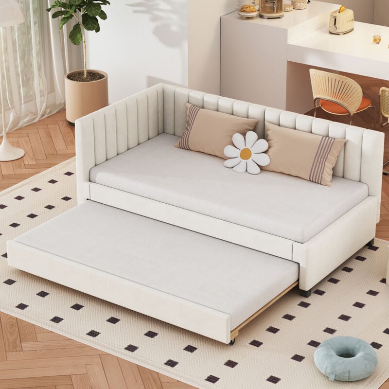 Hauss Spole - Canapé lit gigogne 90x200cm, lit simple, canapé lit, lit pour adultes, enfants et adolescents, flanelle, beige