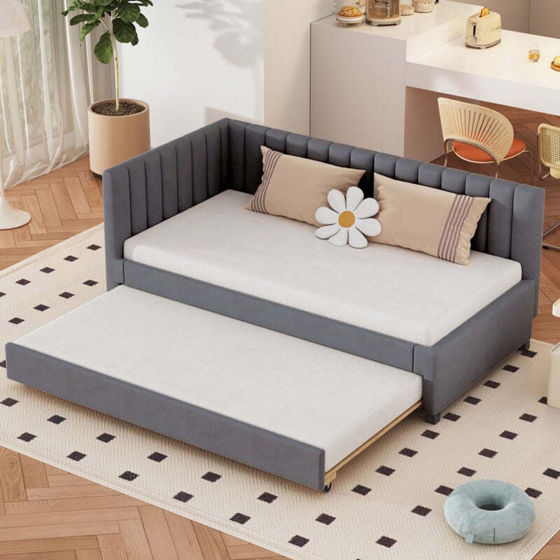 Canapé lit gigogne 90x200cm, lit simple, canapé lit, lit pour adultes, enfants et adolescents, flanelle, gris