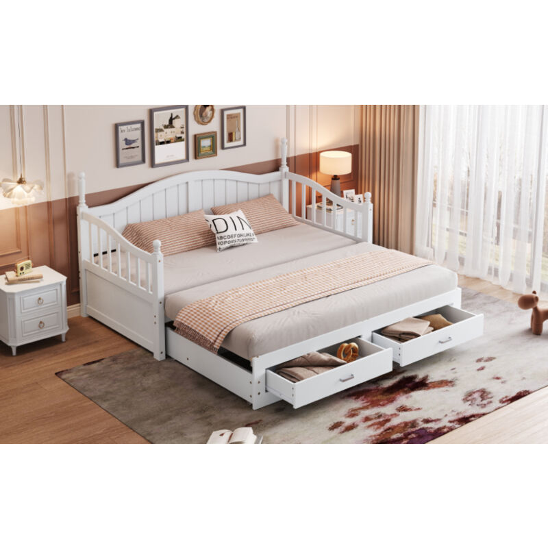 Redom - Canapé-lit gigogne, avec colonnes romaines, dossier et accoudoirs incurvés, tiroirs et sommier à lattes, 90/180x190 cm, en bois, blanc