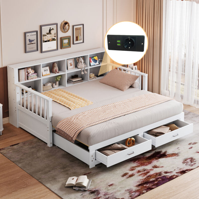 Redom - Canapé-lit gigogne, avec prise de charge, 2 tiroirs et sommier à lattes, 90/180x190 cm, en bois, blanc