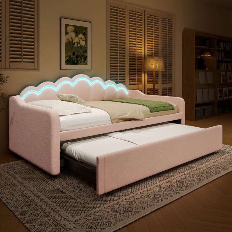 Redom - Canapé-lit gigogne, pour 2 personnes, 90/180x200 cm, avec bande lumineuse led et sommier à lattes, velours, Rose, sans matelas