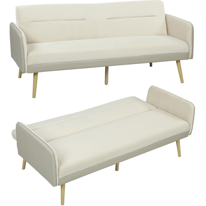 HOMCOM Canap&eacute;-lit 3 places dossier r&eacute;glable tissu effet velours et pu beige