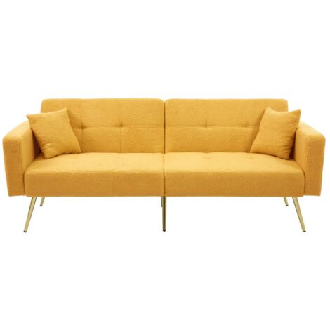 Canapé-lit inclinable réglable 175x64x72 cm pieds dorés coussins poches rangement latérales - Jaune