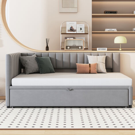 Canapé-lit L-shaped convertible 90x200 cm avec lit extensible 180 cm - velours -gris