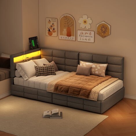 Canapé-Lit Matelassé, Espace de Rangement, Tête de Lit LED + Prise USB, 2 Tiroirs, Sommier à Lattes, Lit Adulte & Adolescent, Tissu Lin Gris