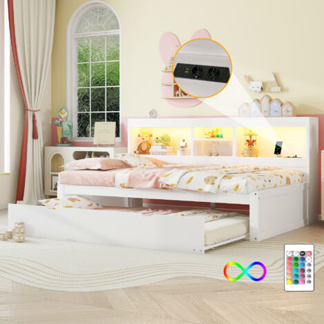 Canapé-lit méridienne blanc 90x200 cm avec rangement – Lit gigogne avec prise USB – Éclairage LED intégré – Charge max 120 kg
