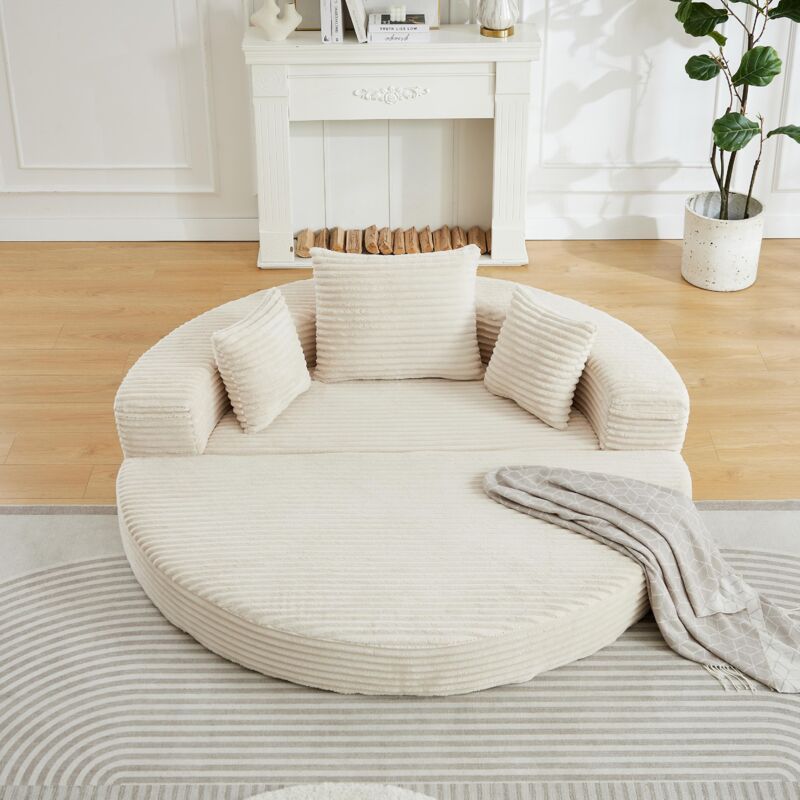 Canapé-lit modulable en velours côtelé, 128x130 cm – Format ovale, livré avec coussins, pour appartement, salon ou chambre – Beige