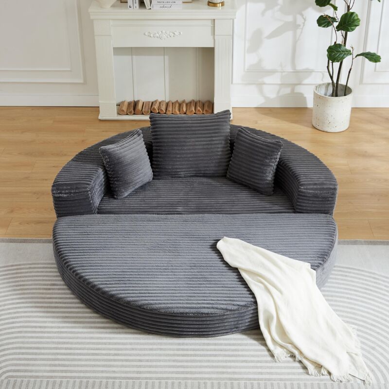 Canapé-lit modulable en velours côtelé, 128x130 cm – Format ovale, livré avec coussins, pour appartement, salon ou chambre – Gris