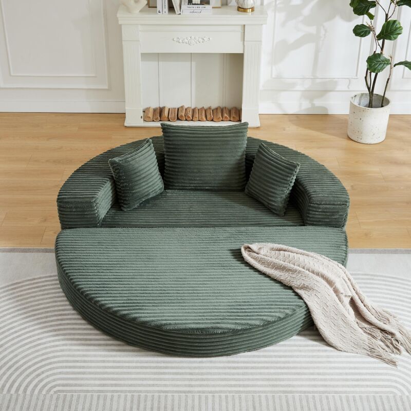 Canapé-lit modulable en velours côtelé, 128x130 cm – Format ovale, livré avec coussins, pour appartement, salon ou chambre – Vert