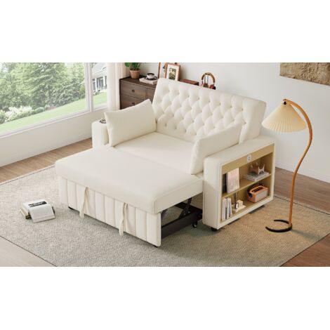 Canapé-lit Multifonction Beige, Canapé Convertible Moderne avec Rangement Intégré, Fonction Couchage, Port USB et Porte-gobelets, Gain de Place pour Salon Chambre