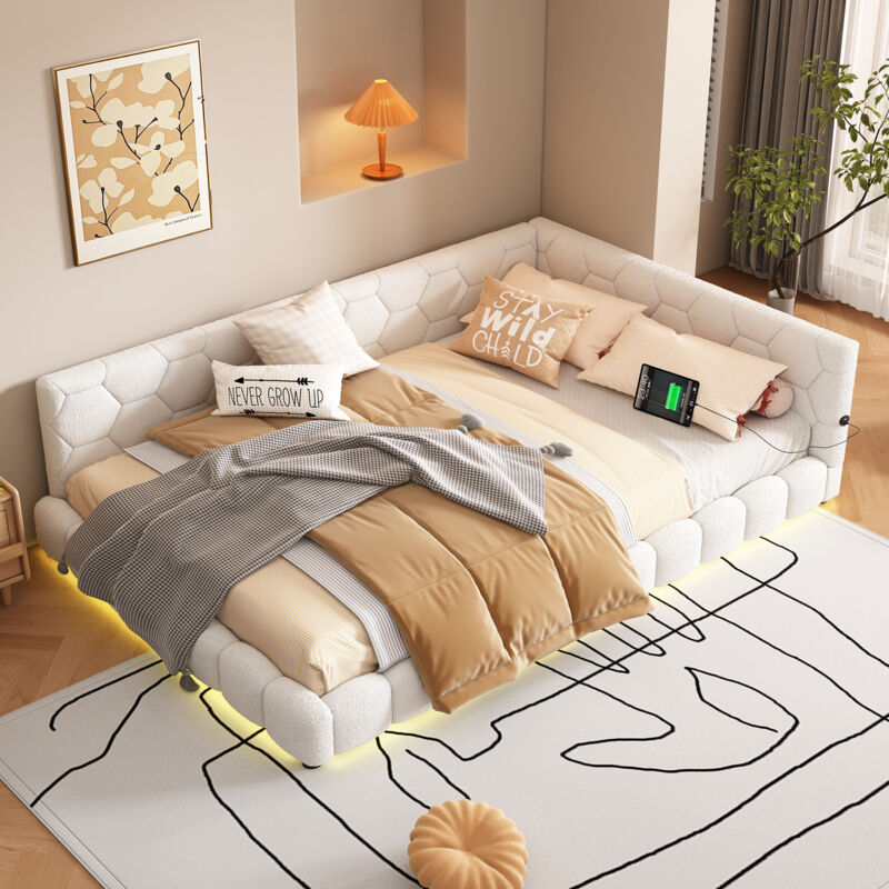 Canapé-lit pour adulte 140×200 cm, avec LED, port USB + Type-C, sans matelas, imitation laine, blanc