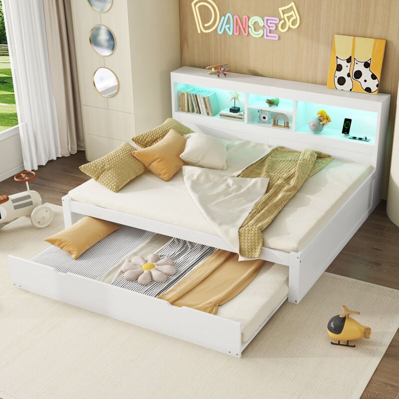 Modfu - Canapé-lit pour enfant, lit double led avec lit gigogne 90x190cm, panneaux de particules, usb, sans matelas, blanc, 140x200cm