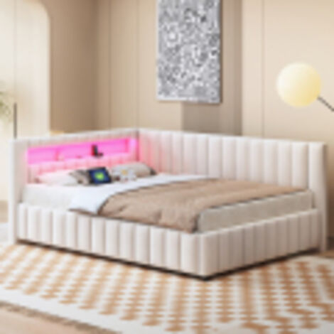 Canapé-lit rembourré 140x200 CM avec éclairage LED et port de charge USB, avec dossier, tête de lit et sommier à lattes, velours, beige (Livraison locale, garantie 2 ans)
