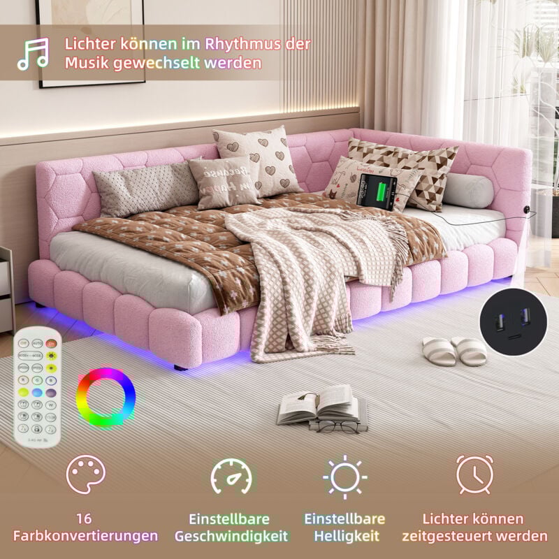 Canapé-lit rembourré 90x200 cm, led, port usb, Type-C, lit adulte/enfant, sans matelas, Imitation cachemire, rose