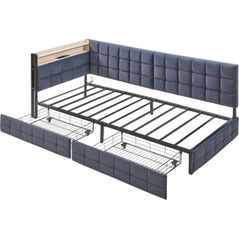 Canapé-lit rembourré 90 x 200 cm, lit simple, avec deux tiroirs, lumière LED et fonction de chargement USB Type-C, canapé-lit à lattes métalliques, matelas non inclus