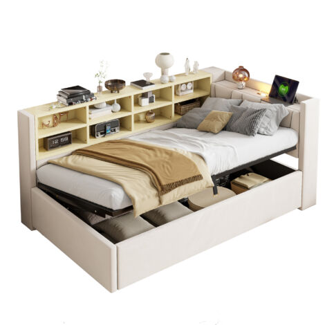 Canapé-lit rembourré 90x200 cm avec USB + Type-C, Lit simple avec veilleuse, Lit coffre, Tête de lit capitonnée, Velours, Beige