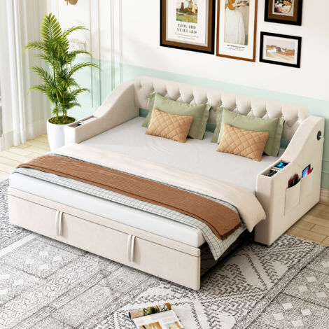 Brinlawb Canapé Lit 90x200 Avec Éclairage LED Réglable Et Multiprise 4-en-1, Lit 90x200 Avec Sommier Et Rangement, Banquette Lit Avec Dossier Capitonné En Gris, Facile à Assembler, Sans Matelas