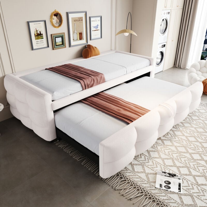 Canapé-lit rembourré pliant 90/180x190 cm, lit simple/double avec lit gigogne, lit enfant/adulte, polaire teddy, sans matelas, beige