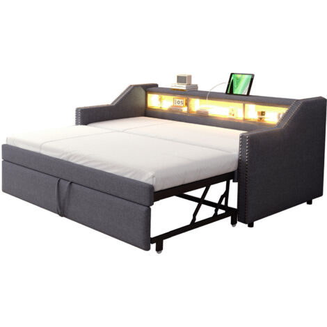 Canapé-lit rembourré tissu gris foncé 90/180x190 cm, lit gigogne extensible, LED + USB, sommier à lattes inclus