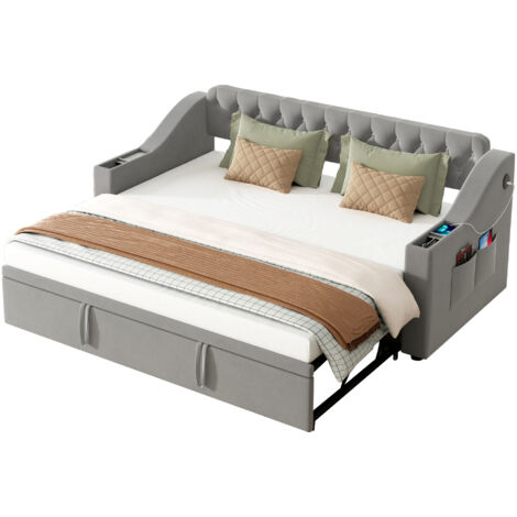 Canapé-lit rembourré velours gris 90x190 cm extensible 180x190 cm, sommier à lattes, USB/Type-C, rangements intégrés
