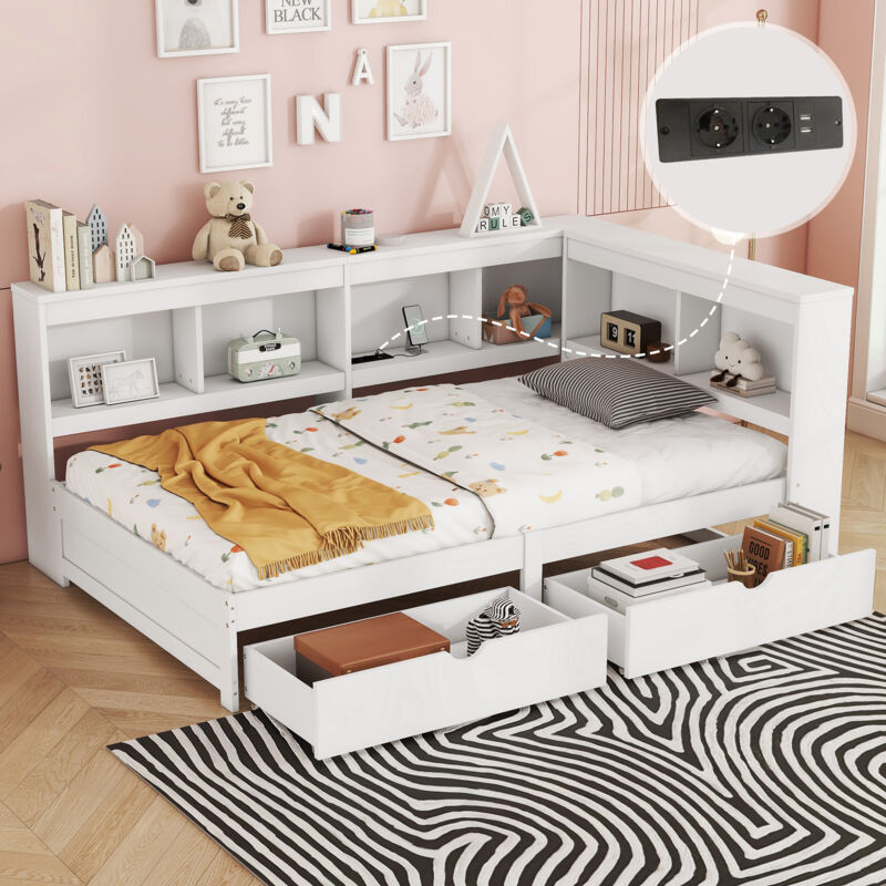 Hauss Spole - Canapé-lit simple 90 x 200 cm, lit enfant avec prise, usb, lit adulte, rangement, panneaux de particules, sans matelas, blanc,2 tiroirs