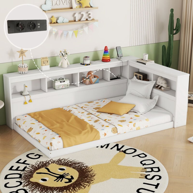 Hauss Spole - Canapé-lit simple 90 x 200 cm, lit enfant avec prise, usb, lit adulte, rangement, panneaux de particules, sans matelas, blanc