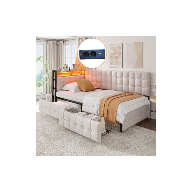 Canapé-lit simple 90 x 200 cm, lit moelleux avec 2 tiroirs, lampe de chevet et prise USB, tissu en velours, blanc, sans matelas