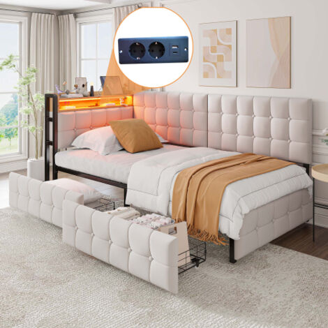 Canapé-lit simple 90 x 200 cm, lit moelleux avec 2 tiroirs, lampe de chevet et prise USB, tissu en velours, blanc, sans matelas