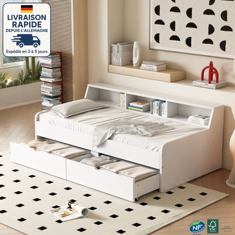 Modfu - Canapé-lit simple 90x200 cm, pin, lit enfant avec 2 tiroirs, compartiment de rangement ouvert, sans matelas, blanc