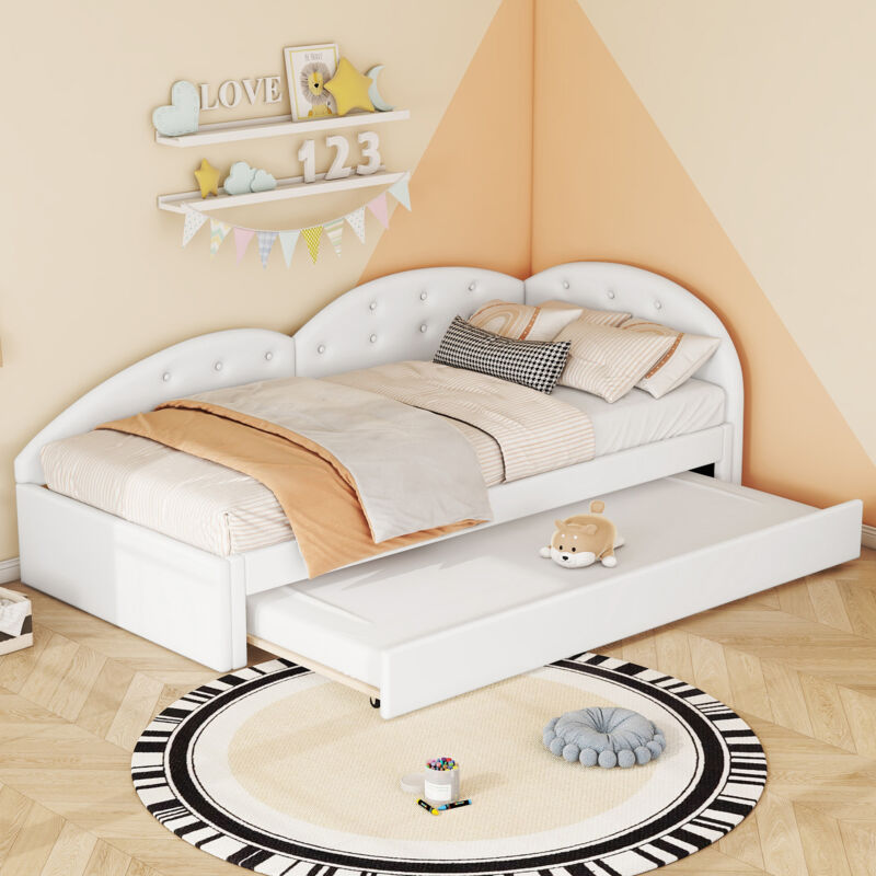 Canapé-lit simple 90x200cm, lit enfant, lit adulte, lit fille, lit gigogne, PU, sans matelas, blanc