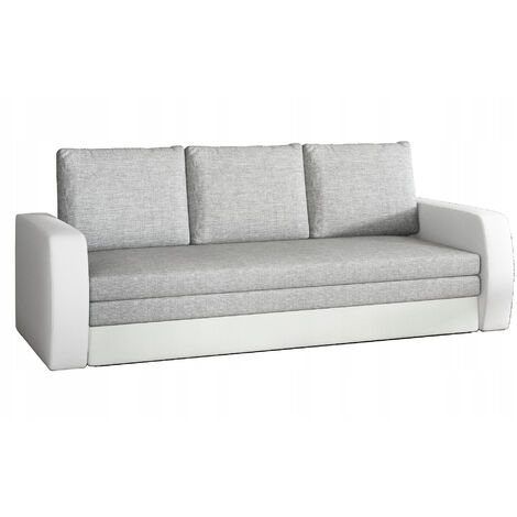 Canapé lit tissu gris clair et simili cuir blanc avec coffre de rangement Liverna 220cm