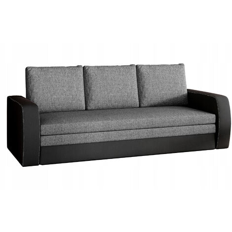 Canapé lit tissu gris et simili cuir noir avec coffre de rangement Liverna 220cm