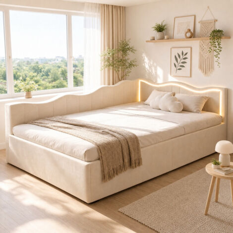 Canapé-lit velours 90x200 cm avec rangement hydraulique, tête de lit LED, sommier à lattes, lit convertible pour adulte et enfant