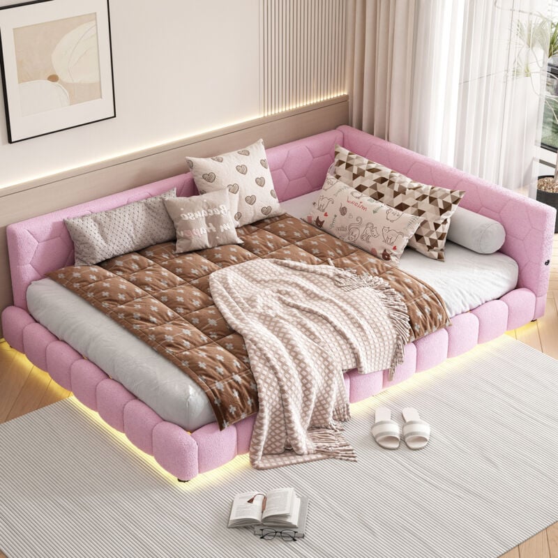 Sunfecili - lit double,Canapé-lit,lit 140x200 avec sommier à lattes, Lit rembourré led, lumière ambiante 16 couleurs, port usb, Rose