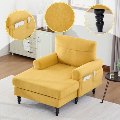 Canapé méridienne/une place en chenille jaune moutarde au design minimaliste moderne, idéal pour le salon et la chambre. Pieds en bois,