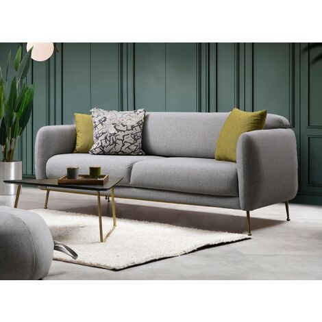 Canapé moderne 3 places tissu gris clair et pieds métal noir Kezila 214cm