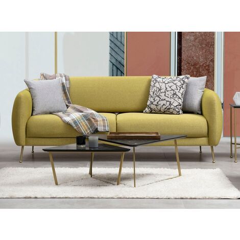 Canapé moderne 3 places tissu jaune et pieds métal noir Kezila 214cm
