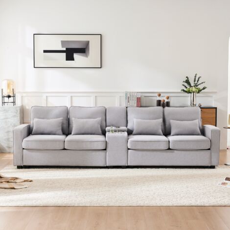 Canapé moderne 4 places en tissu lin avec console, 2 porte-gobelets, 2 ports USB pour recharger avec câble, avec poches pour accoudoirs et 4 coussins, pour salon, appartement, bureau - Gris