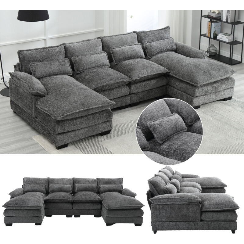 Canapé moderne en u, canapé modulable 4 places, 4 coussins lombaires pour protéger la colonne lombaire et design ergonomique, canapé de salon avec