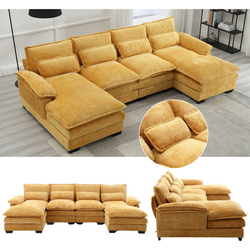 Canapé moderne en u, canapé modulable 4 places, 4 coussins lombaires pour protéger la colonne lombaire et design ergonomique, canapé de salon avec