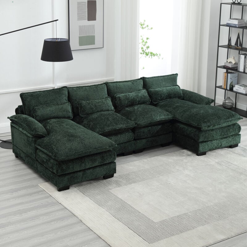 Canapé moderne en u, canapé modulable avec 4 places, 4 coussins lombaires, structure en bois et cadre en fer pour salon, émeraude